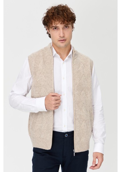 Erkek Dik Yaka Baklava Desenli Yün Yelek V.bej indirimleri