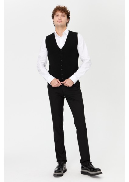 Erkek V Yaka İnce Triko Yelek Siyah