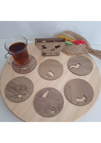 Ahşap Köpek Bardak Altlıkları - 6'lı Set ve Stand