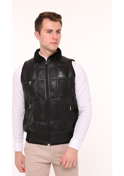 Erkek Siyah Içi Kürk Detaylı Deri Trikolu Yelek