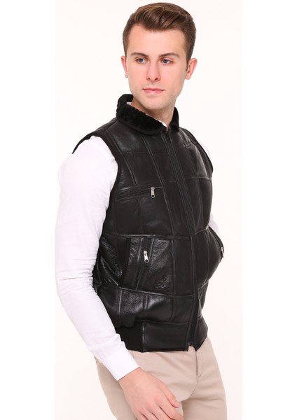 Erkek Siyah Içi Kürk Detaylı Deri Trikolu Yelek fiyatları