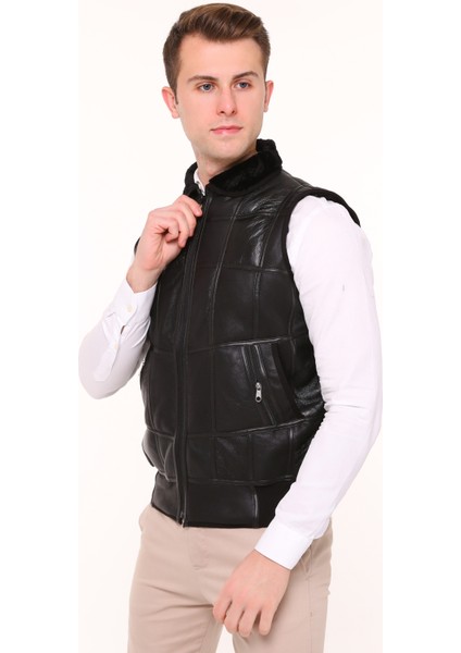 Erkek Siyah Içi Kürk Detaylı Deri Trikolu Yelek fırsatları