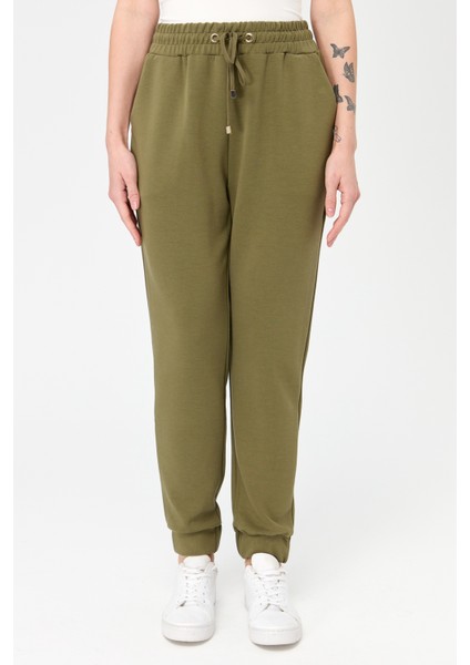 Kadın Paça Arkası Lastikli Cepli Eşofman Pantolon Haki indirimleri