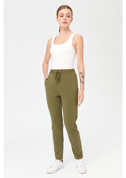 Kadın Beli Bağcıklı Cepli Eşofman Pantolon Haki
