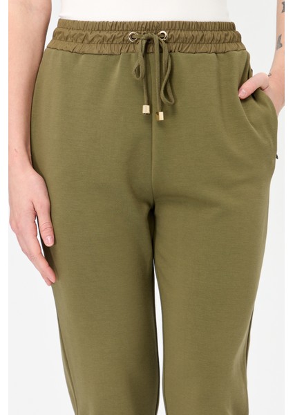 Kadın Beli Bağcıklı Cepli Eşofman Pantolon Haki