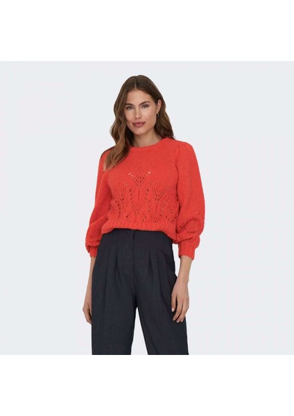 15302241 Only Onlcarlıe Lıfe Ls Detaıl O-Neck Knt Kadın Kazak Poppy Red