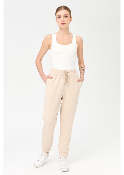 Kadın Paça Arkası Lastikli Cepli Eşofman Pantolon Bej