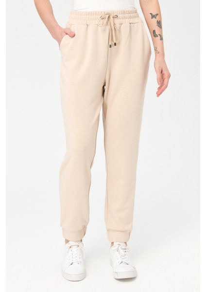 Kadın Paça Arkası Lastikli Cepli Eşofman Pantolon Bej fırsatları