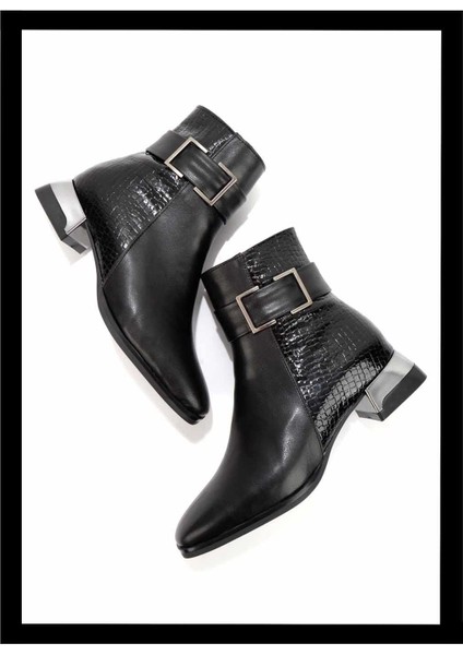 Siyah Siyah Kroko Kadın Bot & Bootie K02874041309