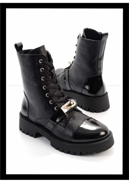 Siyah Siyah Kırışık Rugan Hakiki Deri Kadın Bot & Bootie K02274320303