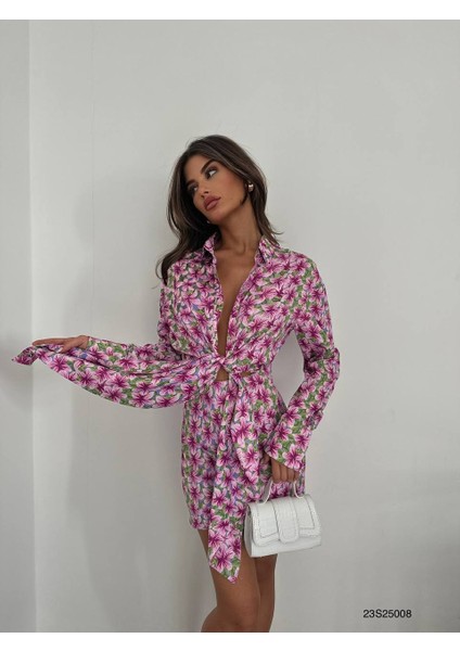 Kadın Desenli Bağlamalı Pembe Mini Saten Elbise fiyatları