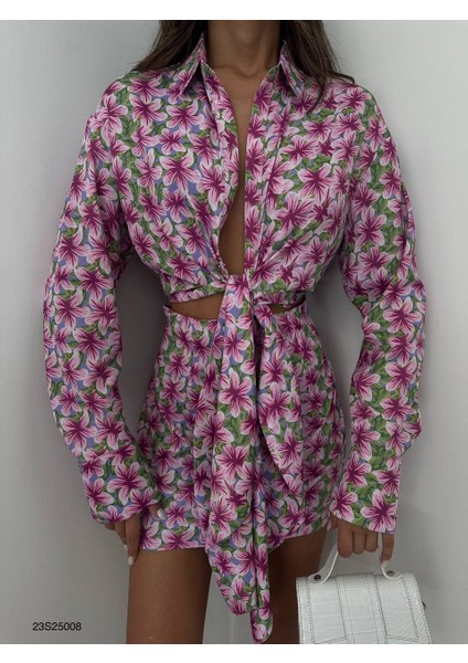 Kadın Desenli Bağlamalı Pembe Mini Saten Elbise modelleri