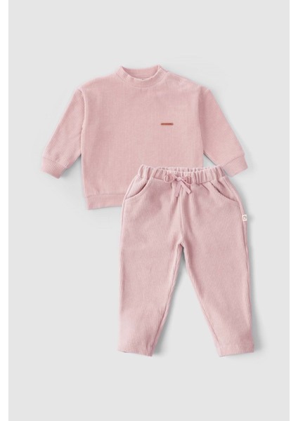 Fitilli Kadife Bebek Eşofman Takımı Pembe