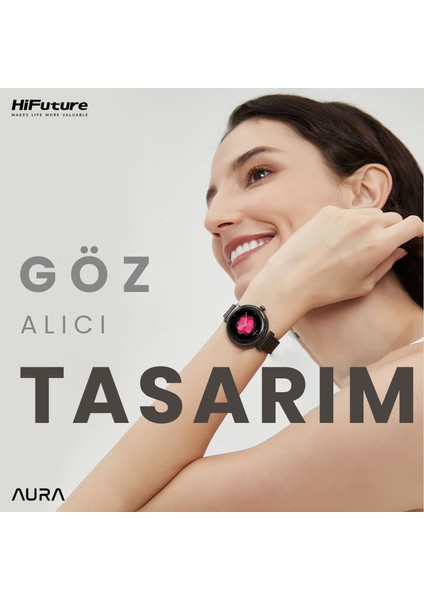 Future Aura Bluetooth 5.2 IP68 Su Geçirmez AMOLED Ekran 1.04 inç Arama Özellikli iOS&Android Uyumlu Nabız Spor Kan Oksijen Takibi 27mm Akıllı Saat Siyah