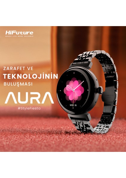 Future Aura Bluetooth 5.2 IP68 Su Geçirmez AMOLED Ekran 1.04 inç Arama Özellikli iOS&Android Uyumlu Nabız Spor Kan Oksijen Takibi 27mm Akıllı Saat Siyah