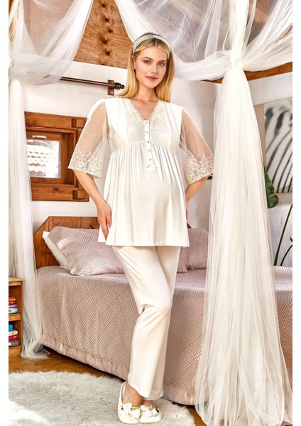 Kadın Uzun Kol Lohusa Dantel Detaylı Pijama Takımı 24149
