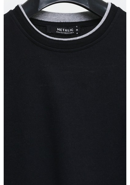 Metalic Erkek Siyah Çift Bisiklet Yaka Standart Rahat Kesim Sweatshirt