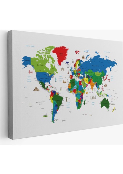 Ünlü Yerler Sembollü Dünya Haritası Kanvas Tablo 1002