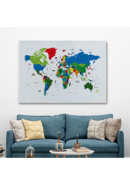 Ünlü Yerler Sembollü Dünya Haritası Kanvas Tablo 1002 fiyatları