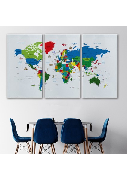 Ünlü Yerler Sembollü Dünya Haritası Kanvas Tablo 1002 modelleri