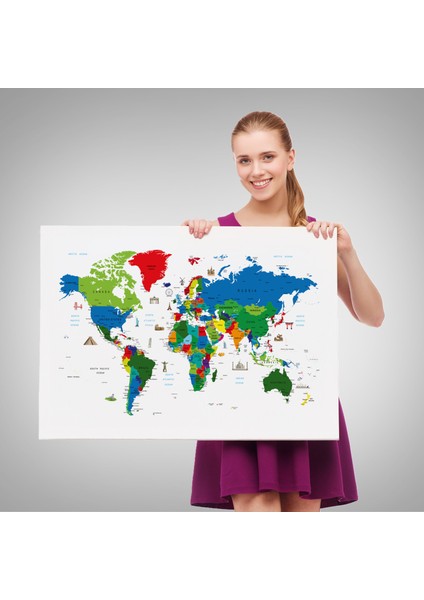 Ünlü Yerler Sembollü Dünya Haritası Kanvas Tablo 1002