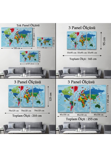 Dünya Haritası Kanvas Tablo Çok Ayrıntılı Dekoratif ve Okyanuslu