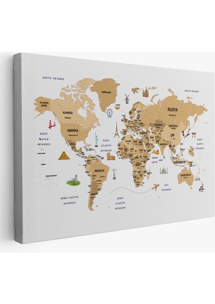 Haritasepeti Türkçe Dünya Haritası Dekoratif Kanvas Tablo Ülke-Başkentli Öğretici ve Sembollü 2322
