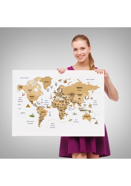 Haritasepeti Türkçe Dünya Haritası Dekoratif Kanvas Tablo Ülke-Başkentli Öğretici ve Sembollü 2322