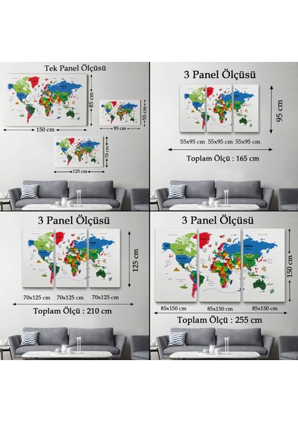 Dünya Haritası Dekoratif Kanvas Tablo Ülke ve Başkentli Öğretici ve Sembollü ( Üç Parça )