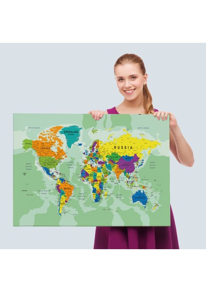 HaritaSepeti Dünya Haritası Son Derece Ayrıntılı Eğitici ve Öğretici Okyanuslu Dekoratif Kanvas Tablo 2503