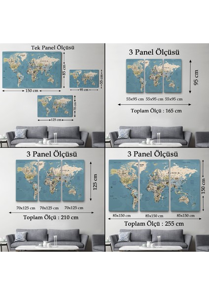 Dünya Haritası Son Derece Ayrıntılı Eğitici Öğretici Okyanuslu Dekoratif Tablo ( Üç Parça )