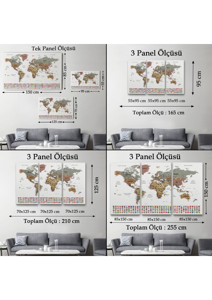 Dünya Haritası Son Derece Ayrıntılı Eğitici-Öğretici ve Bayraklı Dekoratif Kanvas Tablo ( Üç Parça )