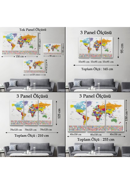 Dünya Haritası Son Derece Ayrıntılı Eğitici-Öğretici ve Bayraklı Dekoratif Kanvas Tablo ( Üç Parça )