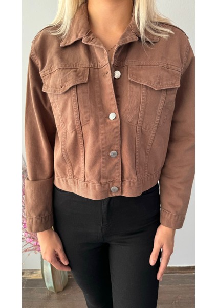 Kadın Kahverengi Crop Jean Ceket