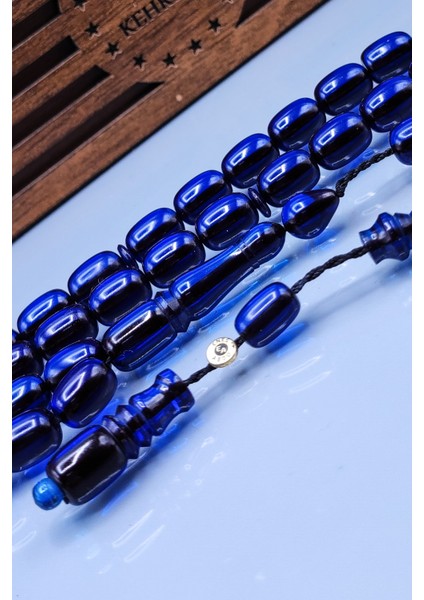 8X12 mm Parlement Mavi Zar Kehribar Tesbih - Enes Abdo Usta Imzalı Tespih