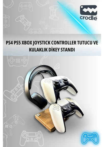 Ceviz Ahşap ve Siyah Metal Gaming Ps4 Ps5 Xbox Joystick Kontroller Tutucu ve Kulaklık Dikey Standı