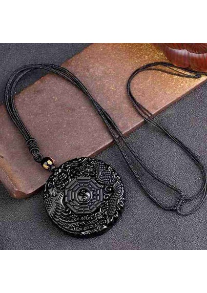 Doğal Siyah Obsidyen El Oyma Çin Ejderha Phoenix Bagua Şanslı Muska Barış Maskot Kolye Kolye Kadın Erkek (Yurt Dışından) indirimleri