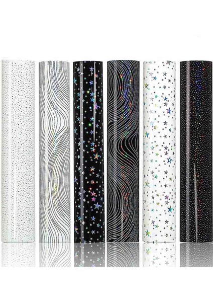 Jaeee 6 Adet 12X10IN Cricut Vinil Siyah ve Beyaz Holografik Yıldız Desen Htv Vinil Isı Transferi Pu Isı T-Shirt Dıy (Yurt Dışından)