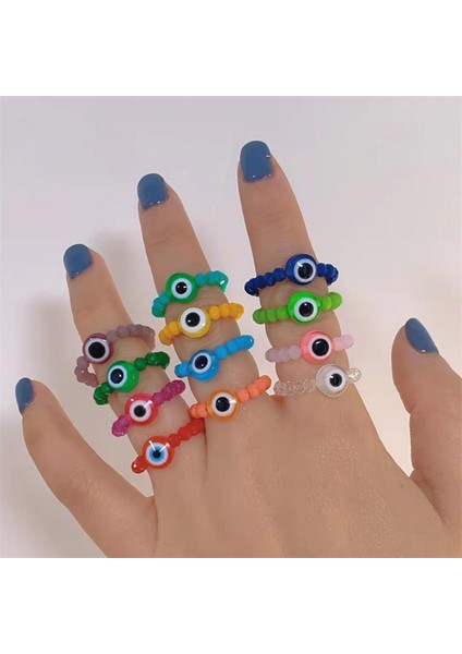Yeni Trendy Akrilik Boncuk Nazar Yüzükler Kadın Kızlar Için Renkli El Yapımı Reçine Elastik Boncuklu Yüzük Ins Tarzı Estetik Takı (Yurt Dışından)