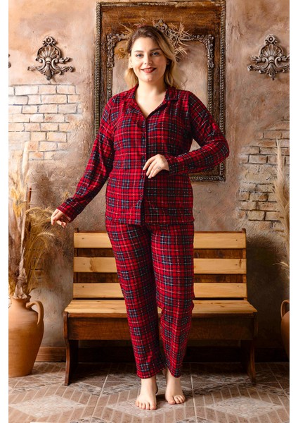 Büyük Beden Kışlık Düğmeli Ekose Desen Yılbaşı Temalı Kadın Süet Pijama Takımı fiyatları