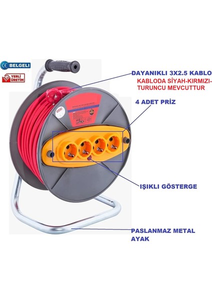 Stock Işıklı Uzatma Kablosu Makaralı Kablo Grup Priz Kalın 3 x 2,5 mm - 50 m