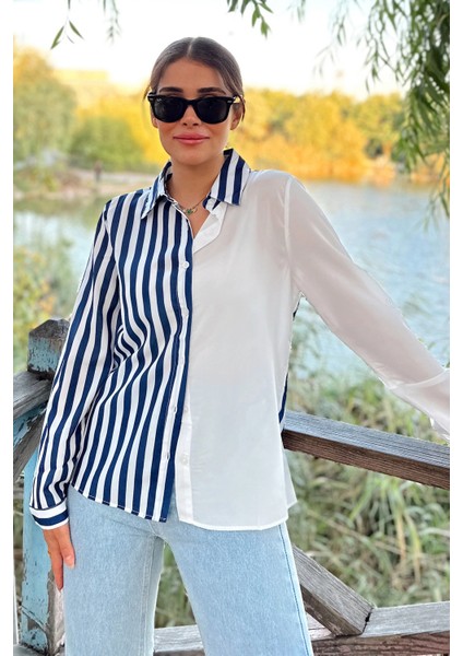 Kadın Lacivert Iki Renkli Çizgili, Uzun Kol,regular Kesim Gömlek