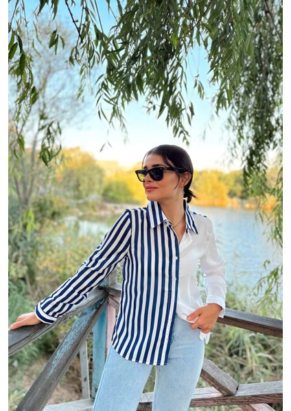 Kadın Lacivert Iki Renkli Çizgili, Uzun Kol,regular Kesim Gömlek fiyatları