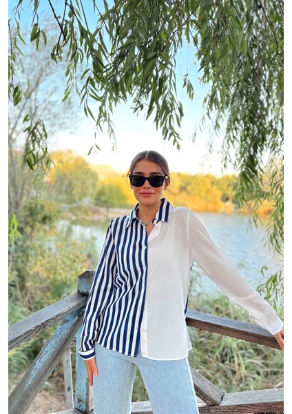 Kadın Lacivert Iki Renkli Çizgili, Uzun Kol,regular Kesim Gömlek modelleri