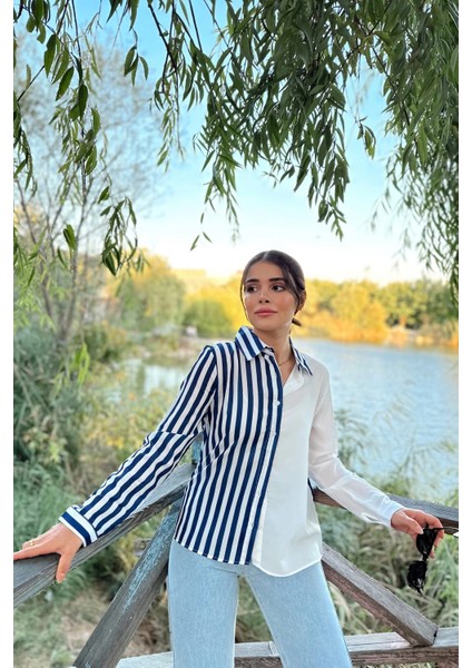 Kadın Lacivert Iki Renkli Çizgili, Uzun Kol,regular Kesim Gömlek fırsatları