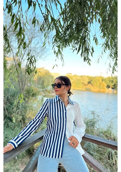 Kadın Lacivert Iki Renkli Çizgili, Uzun Kol,regular Kesim Gömlek indirimleri