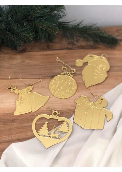 Lüks Gold Pleksi 5 Adet Özel Yılbaşı Figürlü Çam Ağacı Süsü5 Adet Karışık Set