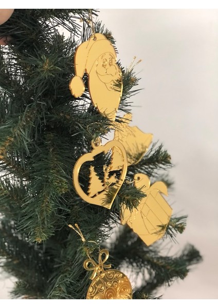 Lüks Gold Pleksi 5 Adet Özel Yılbaşı Figürlü Çam Ağacı Süsü5 Adet Karışık Set