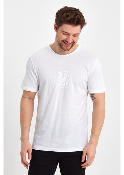 2617 Basic Flamlı Kumaş Ön Kabartma Baskılı T-Shirt