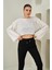 Tena Moda Kadın Ekru Sıfır Yaka Geniş Kollu Crop Kazak 1